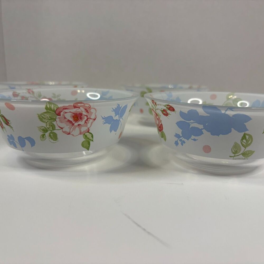 Vintage Luminarc Florine Glass Bowls Set of 4 Pink Rose Floral Cottagecore